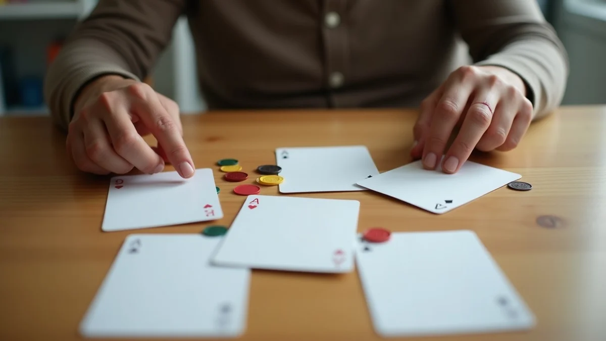 A thoughtful US adult in their 30s sits at a quiet home table comparing several blank cards and colored tokens arranged in distinct groups