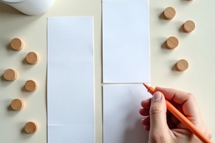 A hand sorts blank cards, small wooden tokens, and simple colored markers into two organized groups on a neutral desk