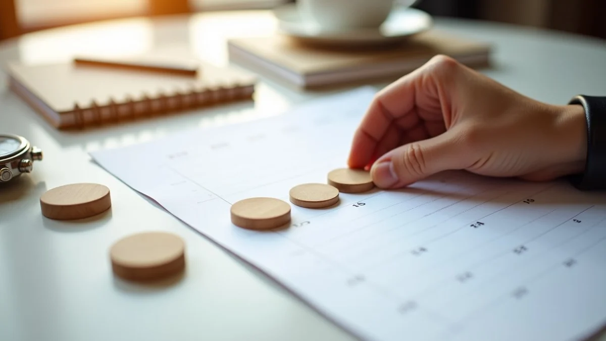 A hand moves a small wooden meeting token along a simple paper calendar beside a notebook, wristwatch, and two coffee-shop-style appointment markers