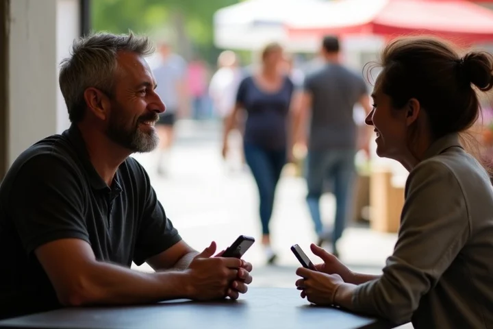 Two adults meet for a brief first conversation at an outdoor public market table, with open posture, comfortable distance
