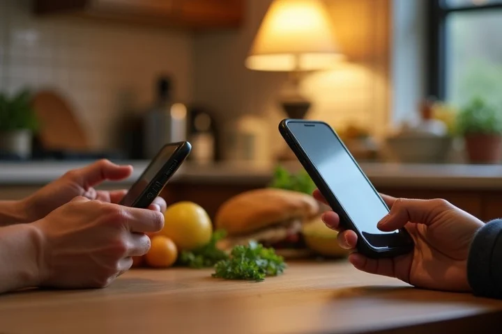 Two adults place their phones face down on a kitchen table and return to preparing a simple evening meal