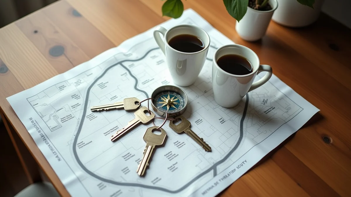 A carefully arranged compatibility map of intertwined keys, a small compass, two matching cups, and a folded road map with abstract marks