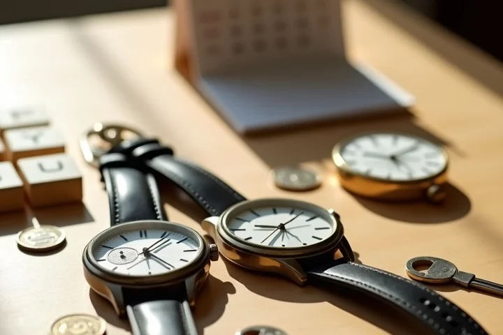 A layered still life showing practical relationship fit: two watches, house keys, a calendar with blank blocks, coins