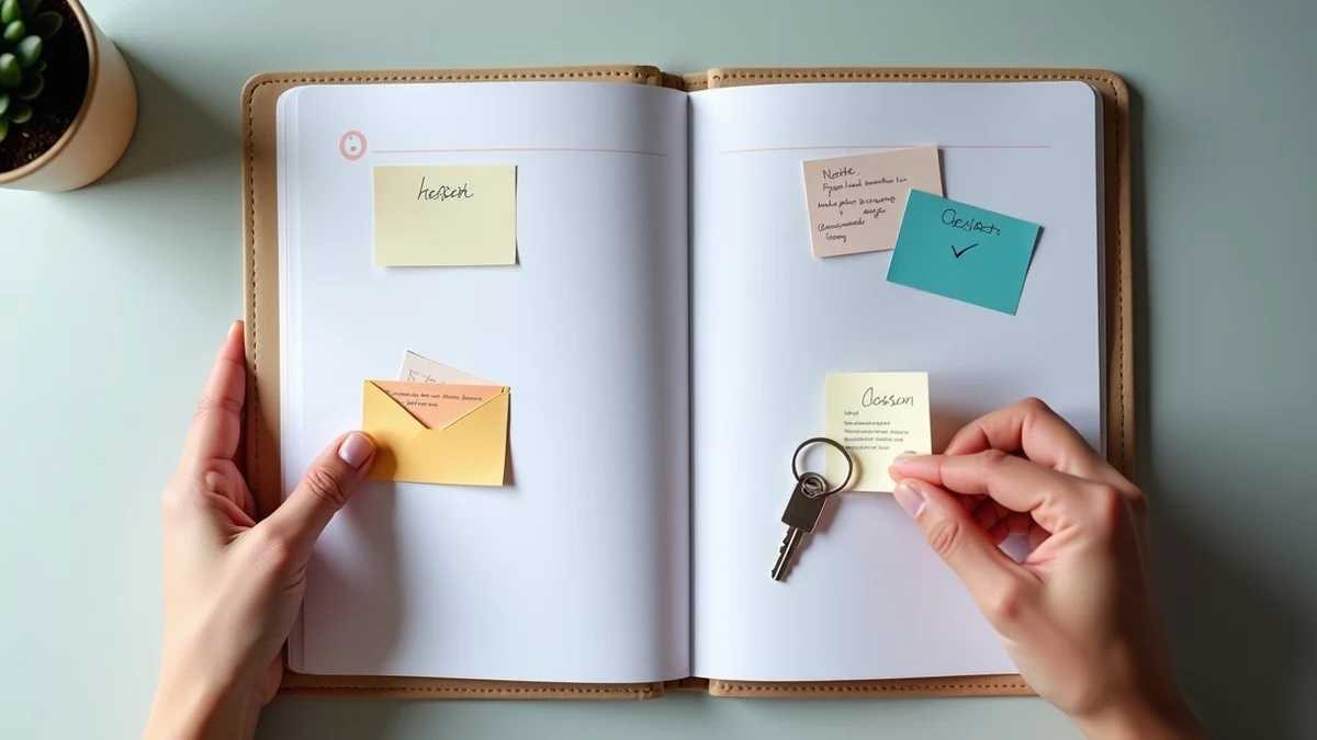 A hand places a small key, sealed envelope, independent identity-check notes represented by abstract marks