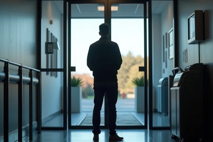 A person stands behind a clear protective boundary at the entrance of a well-lit public building