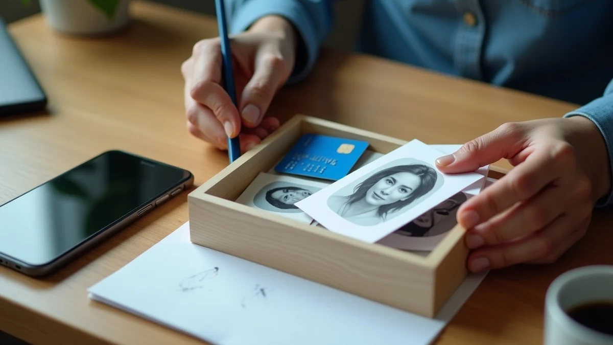 A hand organizes a small evidence tray with textless profile-photo prints, an unmarked payment card, a closed phone turned away