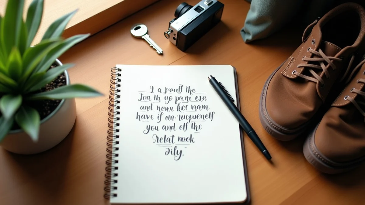 A neatly arranged notebook, pen, handwritten-style abstract marks, and a few meaningful everyday objects such as walking shoes, a small camera