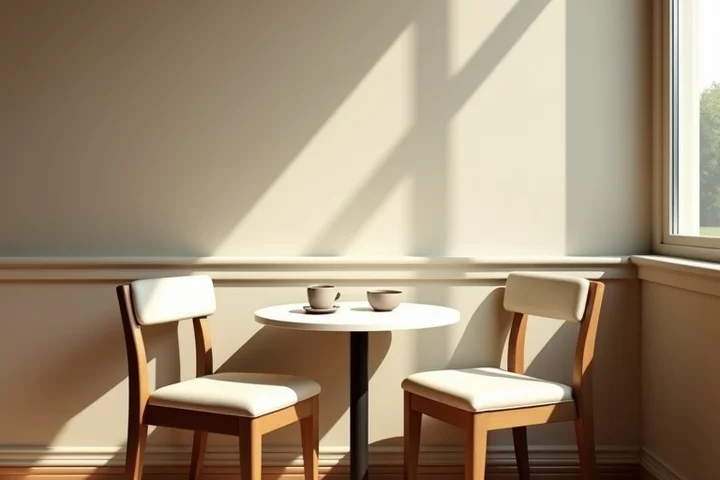 two empty cafe chairs beside a small round table with two plain ceramic cups, soft daylight and an ordinary welcoming interior