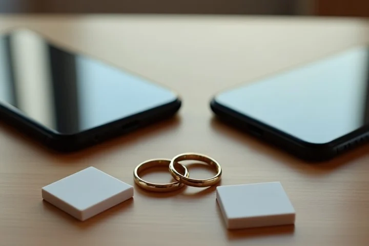 Two plain commitment rings rest beside two face-down smartphones and four small blank decision tiles on a tidy home table
