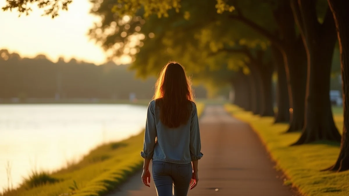 A thoughtful US woman in her 30s walks along a quiet tree-lined path beside a calm lake, conveying intentional dating, patience