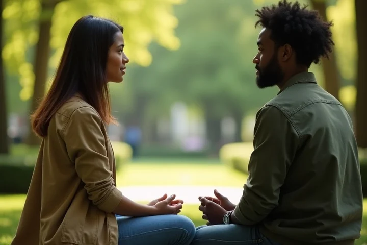 Two diverse US adults in their 30s sit across from each other in a bright public garden