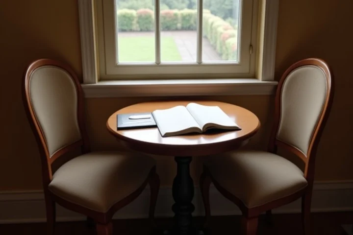 Two empty chairs angle toward each other beside a small round table in a quiet dining room